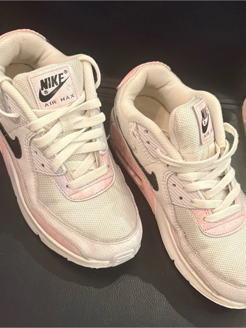 Nike White Sneakers with Light Pink Accents and Black Swoosh